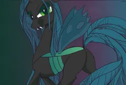 Size: 1280x865 | Tagged: suggestive, artist:cs, colorist:anonymous, colorist:crayola, queen chrysalis, changeling, changeling queen, /mlp/, 4chan, bedroom eyes, bugbutt, butt, colored, drawthread, fangs, female, gradient background, image, jpeg, looking at you, plot, signature, slit eyes, smiling, smirk, solo, solo female