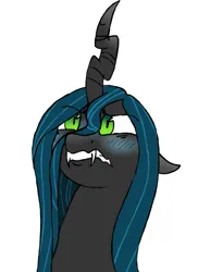 Size: 488x672 | Tagged: safe, artist:anonymous, queen chrysalis, changeling, changeling queen, /mlp/, 4chan, blushing, bust, drawthread, fangs, female, floppy ears, flustered, image, png, portrait, simple background, slit eyes, solo, white background