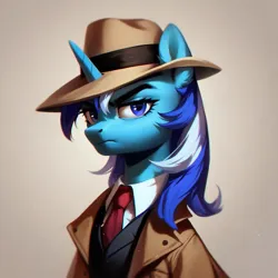 Size: 1024x1024 | Tagged: safe, ai content, derpibooru import, machine learning generated, prompter:jesterofdestiny, stable diffusion, minuette, clothes, generator:pony diffusion v6 xl, generator:purplesmart.ai, hat, image, necktie, png, shirt, suit, trenchcoat