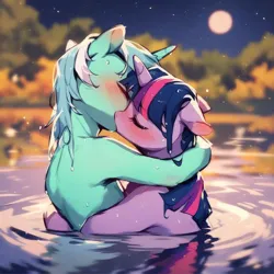 Size: 1024x1024 | Tagged: safe, ai content, derpibooru import, machine learning generated, prompter:jesterofdestiny, stable diffusion, lyra heartstrings, twilight sparkle, female, generator:pony diffusion v6 xl, generator:purplesmart.ai, hug, image, kissing, lake, lesbian, moon, night, png, ship:twyra, shipping, water, wet, wet mane