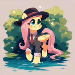 Size: 1024x1024 | Tagged: safe, ai content, derpibooru import, machine learning generated, prompter:jesterofdestiny, stable diffusion, fluttershy, butterfly, insect, pegasus, bush, clothes, forest, generator:pony diffusion v6 xl, generator:purplesmart.ai, hat, image, nature, necktie, pinstripes, png, river, shirt, solo, stream, suit, tree, water