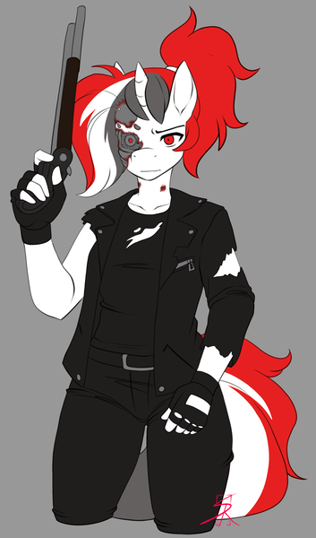 Size: 1987x3374 | Tagged: grimdark, artist:shadowraiser, derpibooru import, oc, oc:red rocket, anthro, robot, unicorn, belt, blood, clothes, gloves, gun, horn, image, png, shotgun, t-800, terminator, weapon