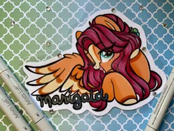 Size: 3106x2351 | Tagged: safe, artist:emberslament, derpibooru import, oc, oc:marigold, unofficial characters only, pegasus, pony, badge, blushing, female, flower, flower in hair, image, looking at you, mare, one eye closed, pegasus oc, photo, png, spread wings, traditional art, wings, wink, winking at you