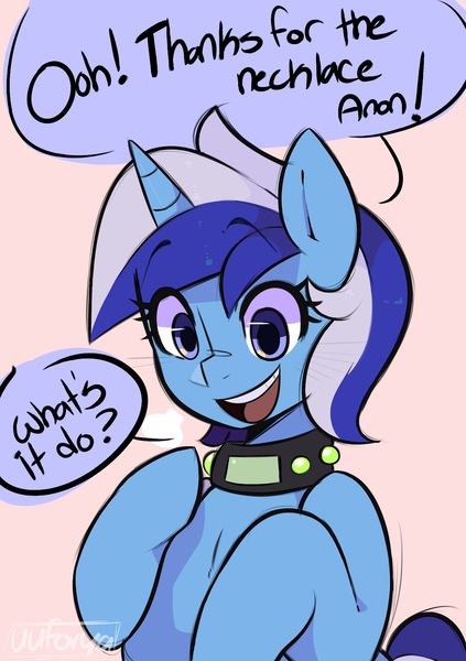 Size: 1129x1600 | Tagged: suggestive, artist:darkdoubloon, derpibooru import, minuette, pony, unicorn, collar, dialogue, fanfic art, horn, hypnogear, image, jpeg, looking down, open mouth, open smile, simple background, smiling, speech bubble, story included