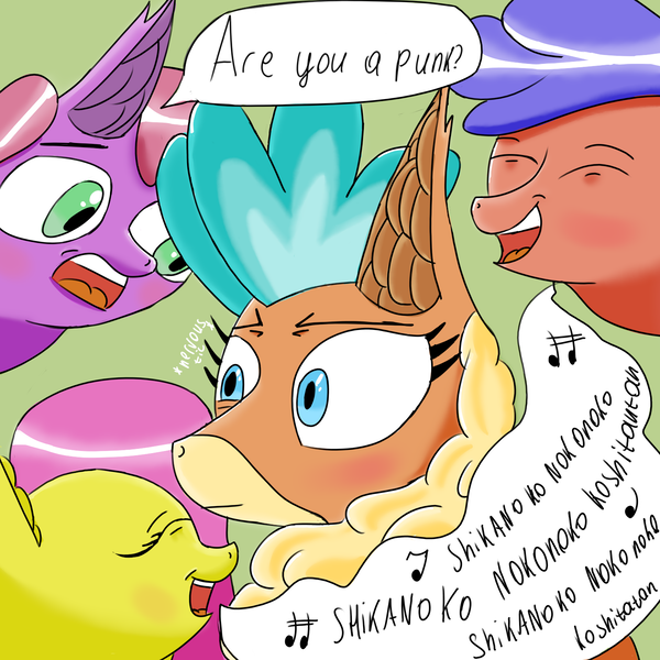 Size: 1500x1500 | Tagged: safe, artist:icycrymelon, derpibooru import, fluttershy, velvet reindeer, oc, deer, earth pony, pegasus, pony, them's fightin' herds, g4, community related, female, image, male, png, singing, smiling, speech bubble