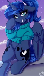 Size: 1750x3000 | Tagged: safe, artist:shadowreindeer, derpibooru import, princess luna, alicorn, pony, clothes, female, image, jpeg, mare, solo, sweater