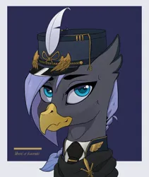 Size: 516x611 | Tagged: safe, artist:echo, derpibooru import, oc, oc:himironcrena, gryphon, equestria at war mod, aquileia, badge, bust, clothes, feather, griffon oc, image, necktie, png, portrait, shirt, uniform