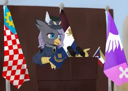 Size: 865x611 | Tagged: safe, artist:cunben_mapleleaf, derpibooru import, oc, oc:himironcrena, gryphon, equestria at war mod, background, clothes, flag, image, microphone, png, podium, speech, talking, uniform