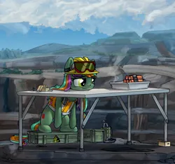 Size: 3000x2803 | Tagged: safe, artist:uteuk, derpibooru import, oc, oc:detonaty, unofficial characters only, earth pony, pony, clothes, crate, dynamite, explosives, female, goggles, hard hat, hat, headphones, image, jpeg, mare, quarry, safety goggles, table