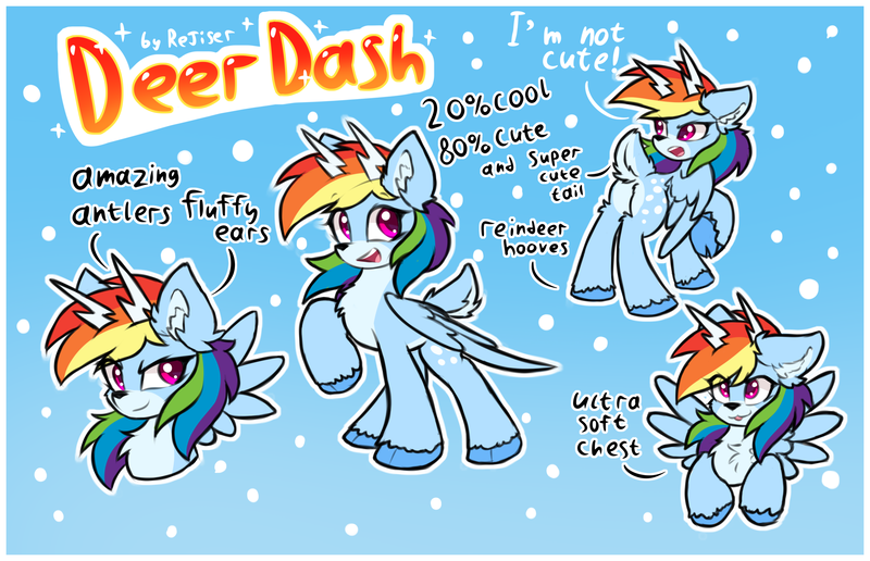 Size: 3100x2000 | Tagged: safe, artist:rejiser, derpibooru import, rainbow dash, deer, deer pony, original species, peryton, pony, reindeer, g4, antlers, blue background, butt, chest fluff, cloven hooves, countershading, cute, deer tail, deerified, ear fluff, female, hooves, image, looking at you, open mouth, plot, png, raised hoof, raised tail, reindeer antlers, reindeer dash, simple background, smiling, smiling at you, snow, snowfall, solo, species swap, spread wings, tail, text, tongue out, unshorn fetlocks, wings