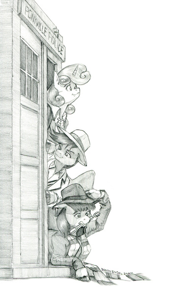 Size: 864x1400 | Tagged: safe, artist:baron engel, derpibooru import, apple bloom, scootaloo, sweetie belle, earth pony, pegasus, pony, unicorn, g4, cutie mark crusaders, doctor who, female, filly, foal, horn, image, jpeg, monochrome, pencil drawing, police call box, simple background, sonic screwdriver, traditional art, white background