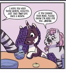 Size: 811x904 | Tagged: safe, artist:shauna j. grant, derpibooru import, idw, violette rainbow, unicorn, zebra, g5, spoiler:g5comic14, acceptance, braces, horn, image, jpeg, mariama, offscreen character, potion, skye