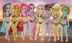 Size: 2000x1193 | Tagged: safe, artist:emeraldblast63, derpibooru import, applejack, fluttershy, pinkie pie, rainbow dash, rarity, sci-twi, starlight glimmer, sunset shimmer, twilight sparkle, human, equestria girls, g4, bikini, book, breasts, busty applejack, busty fluttershy, busty humane seven, busty pinkie pie, busty rainbow dash, busty rarity, busty sci-twi, busty starlight glimmer, busty sunset shimmer, clothes, food, humane eight, ice cream, image, lens flare, mane six, png, sports, swimsuit, volleyball