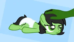 Size: 1920x1080 | Tagged: safe, artist:snowflakepone, derpibooru import, oc, oc:anonfilly, pony, g4, annoyed, black mane, cutie mark, derpibooru exclusive, diaper, female, filly, foal, green coat, green eyes, image, lying down, non-baby in diaper, petting, png, simple