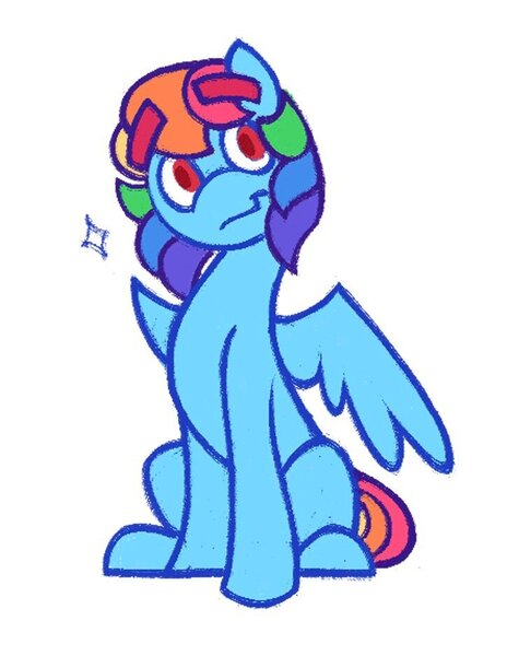 Size: 725x937 | Tagged: safe, artist:partyponypower, derpibooru import, rainbow dash, pegasus, pony, g4, alternate eye color, alternate hairstyle, alternate universe, colored eyebrows, eyebrows, eyebrows visible through hair, image, jpeg, looking back, male, missing cutie mark, multicolored hair, no catchlights, partially open wings, rainbow hair, rainbow tail, red eyes, red pupils, simple background, sitting, smiling, solo, sparkles, tail, thick eyebrows, trans male, trans rainbow dash, transgender, white background, wings