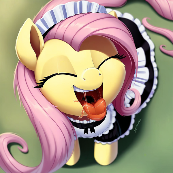 Size: 1024x1024 | Tagged: questionable, ai content, derpibooru import, machine learning generated, stable diffusion, fluttershy, pony, clothes, cute, drool, generator:pony diffusion v6 xl, image, maid, mawshot, open mouth, png, prompter:jasmindreasond, solo, tongue out