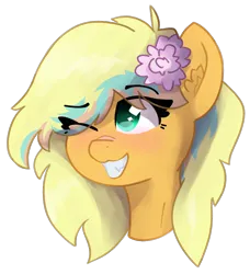 Size: 912x998 | Tagged: safe, artist:solarhors, derpibooru import, oc, oc:roosie, unofficial characters only, original species, pony, blushing, bust, derpibooru exclusive, ear fluff, eye clipping through hair, female, flower, flower in hair, image, png, portrait, simple background, smiling, solo, transparent background