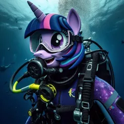 Size: 468x468 | Tagged: safe, ai content, derpibooru import, machine learning generated, prompter:sonicstreak5344, twilight sparkle, dive mask, generator:bing image creator, generator:dall-e 3, goggles, image, jpeg, scuba gear, solo, underwater, water, wetsuit