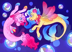 Size: 2048x1472 | Tagged: safe, artist:cocopudu, derpibooru import, pinkie pie, princess skystar, earth pony, pony, seapony (g4), g4, my little pony: the movie, abstract background, alternate design, bioluminescent, blaze (coat marking), blue eyelashes, blue eyes, blue mane, blue pupils, blue tail, bubble, coat markings, colored eyebrows, colored eyelashes, colored hooves, colored pupils, curly mane, curly tail, dorsal fin, duo, duo female, eyebrows, eyebrows visible through hair, facial markings, female, fin, fin ears, fin wings, fins, fish tail, flower, flower in hair, flowing mane, gradient mane, gradient tail, head fin, hooves, image, lesbian, looking at each other, looking at someone, mane hold, mare, mismatched hooves, multicolored hooves, ocean, open mouth, open smile, pearl, pink body, pink mane, pink tail, png, profile, scales, seaponified, seapony pinkie pie, seaquestria, shipping, skypie, smiling, smiling at someone, species swap, striped mane, striped tail, swimming, tail, tail fin, underwater, wall of tags, water, wings, yellow body