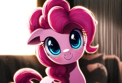 Size: 1216x832 | Tagged: safe, ai content, anonymous prompter, derpibooru import, machine learning generated, novelai, stable diffusion, pinkie pie, earth pony, pony, g4, blushing, cute, detailed background, diapinkes, female, floppy ears, head tilt, image, looking at you, mare, png, smiling, smiling at you, solo, tail