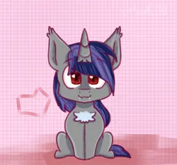 Size: 1572x1472 | Tagged: safe, artist:deadsmoke, derpibooru import, oc, oc:dreaming star, bat pony, unicorn, chibi, cute, fangs, horn, image, png, simple background, sitting, smiling