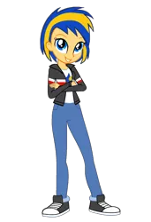 Size: 1354x1974 | Tagged: safe, artist:mlpfan3991, derpibooru import, oc, oc:flare spark, human, equestria girls, g4, clothes, converse, crossed arms, denim, female, image, jacket, jeans, pants, png, shoes, simple background, smiling, tomboy, transparent background