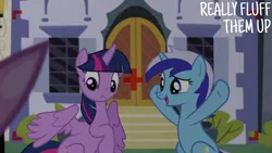 Size: 2000x1125 | Tagged: safe, derpibooru import, edit, edited screencap, editor:quoterific, screencap, minuette, spike, twilight sparkle, twilight sparkle (alicorn), alicorn, pony, unicorn, amending fences, g4, camera shot, canterlot, caption, duo, horn, image, png, text