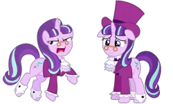 Size: 2096x1256 | Tagged: safe, artist:starlightglimmer04, derpibooru import, snowfall frost, starlight glimmer, pony, unicorn, a hearth's warming tail, g4, a christmas carol, clothes, ebenezer scrooge, female, hat, horn, image, png, simple background, spectacles, transparent background, vector, vest