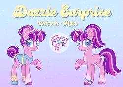 Size: 1035x732 | Tagged: safe, artist:y2kitty, derpibooru import, oc, oc:dazzle surprise, unofficial characters only, pony, unicorn, g4, ballerina, ballet slippers, bangs, base used, big eyes, blue eyelashes, blue eyes, blue pupils, bracelet, chest marking, clothes, cloven hooves, coat markings, colored eyelashes, colored hooves, colored pupils, curved horn, facial markings, female, female oc, gradient background, hair bun, hooves, horn, image, jewelry, lanky, leotard, long tail, looking back, magical lesbian spawn, mare, mare oc, next generation, offspring, parent:pinkie pie, parent:twilight sparkle, parents:twinkie, png, ponytail, purple coat, purple hooves, reference sheet, signature, skinny, smiling, socks (coat marking), solo, sparkles, star (coat marking), tail, tail bun, tail tie, tall, text, thin, three toned mane, three toned tail, tied mane, tied tail, unicorn horn, unicorn oc, yellow text