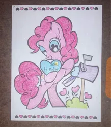 Size: 750x861 | Tagged: safe, artist:lullapiies, derpibooru import, pinkie pie, pony, coloring page, holiday, image, jpeg, mailbox, solo, traditional art, valentine, valentine's day