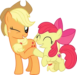 Size: 3111x3000 | Tagged: safe, artist:cloudy glow, derpibooru import, apple bloom, earth pony, pony, g4, apple bloom's bow, applejack's hat, bow, cowboy hat, eyes closed, female, filly, foal, hair bow, hat, image, mare, one eye closed, png, siblings, simple background, sisters, smiling, transparent background, vector, wink