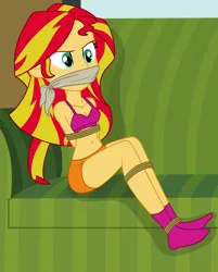 Size: 2000x2491 | Tagged: safe, artist:nie-martw-sie-o-mnie, derpibooru import, part of a set, sunset shimmer, human, equestria girls, g4, arm behind back, belly, belly button, bondage, bound and gagged, boyshorts, bra, cloth gag, clothes, couch, female, femsub, gag, image, panties, png, rope, rope bondage, sitting, socks, solo, submissive, subset, underwear