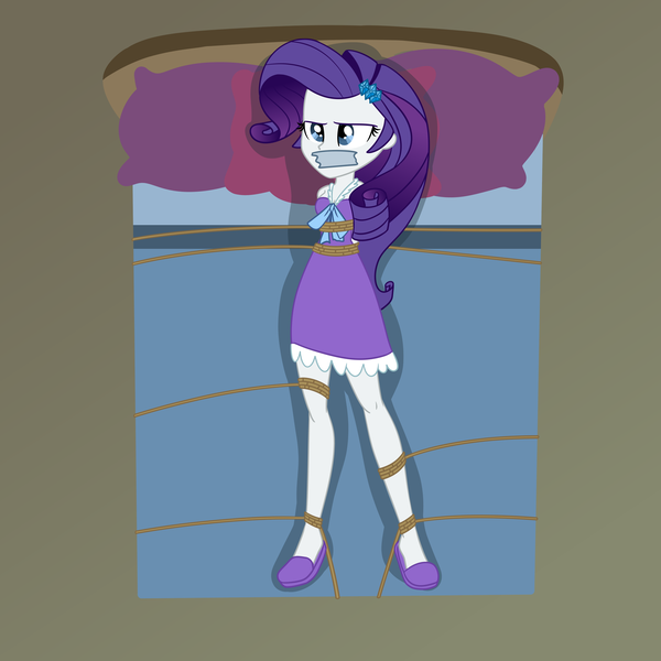 Size: 2500x2500 | Tagged: safe, artist:nie-martw-sie-o-mnie, derpibooru import, part of a set, rarity, human, equestria girls, g4, bed, bondage, clothes, female, femsub, gag, hairpin, image, lying down, nightgown, on back, pajamas, pillow, png, rarisub, rope, rope bondage, slippers, solo, submissive, tape, tape gag, tied down