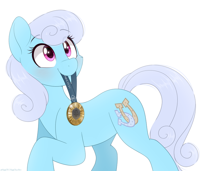 Size: 1754x1468 | Tagged: safe, artist:higgly-chan, derpibooru import, linky, shoeshine, earth pony, pony, g4, blushing, eye clipping through hair, female, gold medal, image, looking up, mare, medal, mouth hold, olympic games, olympics, paris 2024, png, raised hoof, simple background, solo, white background