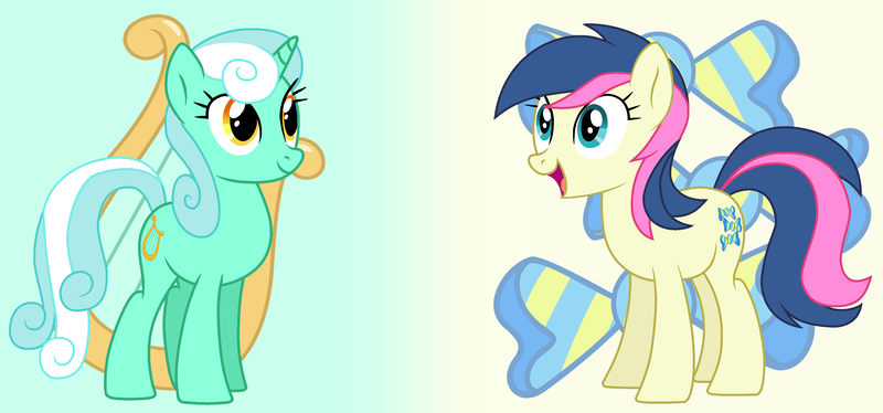 Size: 3236x1512 | Tagged: safe, artist:cmors12, derpibooru import, bon bon, lyra heartstrings, sweetie drops, earth pony, pony, unicorn, g4, alternate hairstyle, cutie mark, duo, duo female, female, horn, image, lesbian, lyrabon, mane swap, mare, png, shipping