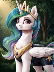 Size: 1920x2560 | Tagged: safe, ai content, derpibooru import, machine learning assisted, prompter:dovakkins, princess celestia, alicorn, pony, g4, :t, clothes, cute, cutelestia, ear fluff, female, folded wings, forest, heart, heart eyes, image, jewelry, jpeg, looking at you, mare, nature, peytral, regalia, shorts, smiling, smiling at you, sports bra, sports shorts, sunshine, tail, tree, watermark, wavy mane, wavy tail, wingding eyes, wings