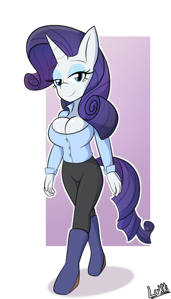 Size: 527x919 | Tagged: safe, artist:luckster1234, artist:lukki, artist:lukki_twi, derpibooru import, rarity, anthro, unicorn, g4, big breasts, breasts, busty rarity, cleavage, female, horn, image, lidded eyes, png, solo