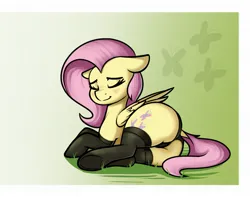 Size: 2047x1615 | Tagged: suggestive, artist:andelai, derpibooru import, fluttershy, pegasus, pony, butt, clothes, eyes closed, female, flutterbutt, image, jpeg, lying down, mare, on back, panties, plot, smiling, socks, solo, solo female, underwear