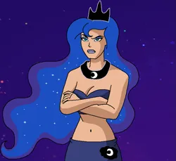 Size: 717x656 | Tagged: safe, artist:ocean lover, derpibooru import, princess luna, human, bandeau, bare midriff, bare shoulders, beautiful, belly, belly button, blue eyeshadow, blue lipstick, clothes, crossed arms, crown, curvy, cutie mark, cutie mark on clothes, dress, ethereal hair, eyeshadow, frown, gown, hourglass figure, human coloration, humanized, image, jewelry, lidded eyes, lipstick, makeup, midriff, moderate dark skin, ms paint, night, night sky, peytral, png, princess of the night, purple sky, regalia, serious, serious face, sky, starry background, starry hair, stars, stupid sexy princess luna, teal eyes, wavy hair