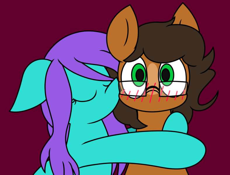 Size: 2772x2110 | Tagged: safe, artist:derpyalex2, derpibooru import, oc, oc:notetaker, oc:swing time, unofficial characters only, earth pony, pony, unicorn, blush lines, blushing, blushing profusely, commission, digital art, glasses, horn, hug, image, kiss on the cheek, kissing, png, simple background, ych result