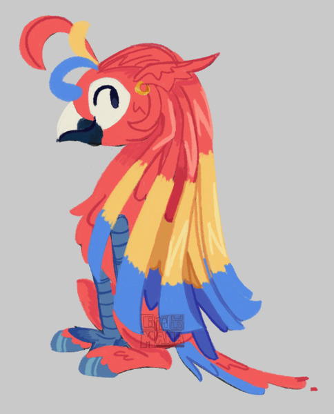 Size: 536x664 | Tagged: safe, artist:cingulomana, derpibooru import, oc, unnamed oc, unofficial characters only, bird, classical hippogriff, hippogriff, macaw, parrot, alternate universe, ambiguous gender, ambiguous penetration, beak, blue hooves, chest fluff, classical hippogriff oc, colored hooves, colored legs, dot eyes, ear fluff, ear piercing, earring, eye markings, facial markings, gray background, head fluff, hippogriff oc, hooves, image, jewelry, jpeg, leg fluff, lineless, long hair, looking back, penetration, piercing, profile, red feathers, sex, simple background, sitting, smiling, tail, tail feathers, three toned hair, watermark