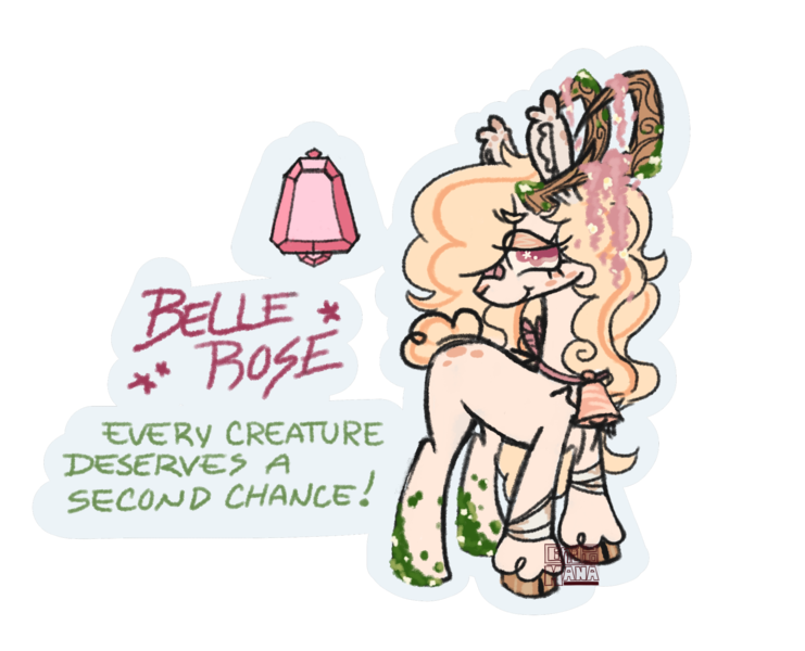 Size: 2048x1658 | Tagged: safe, artist:cingulomana, derpibooru import, part of a set, oc, oc:belle rose, hybrid, jackalope, original species, pony, accessory, bandaid, bandaid on nose, bell, blonde mane, blonde tail, brown hooves, bunny ears, bunny tail, butt freckles, cloven hooves, colored eartips, colored eyebrows, colored hooves, colored horns, colored pupils, cowbell, cream coat, cream eyeshadow, curly mane, curly tail, ear fluff, ear tufts, element of harmony, eye clipping through hair, eyebrows, eyebrows visible through hair, eyelashes, eyeshadow, female, female oc, freckles, green text, hooves, horns, image, jackalope pony, leg markings, lidded eyes, makeup, mare, mare oc, outline, pink eyes, pink pupils, png, profile, rabbit pony, red text, shiny hooves, simple background, smiling, solo, standing, starry eyes, striped mane, striped tail, tail, tall ears, text, transparent background, watermark, wingding eyes