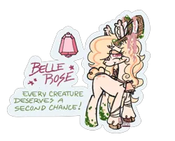 Size: 2048x1658 | Tagged: safe, artist:cingulomana, derpibooru import, part of a set, oc, oc:belle rose, hybrid, jackalope, original species, pony, accessory, bandaid, bandaid on nose, bell, blonde mane, blonde tail, brown hooves, bunny ears, bunny tail, butt freckles, cloven hooves, colored eartips, colored eyebrows, colored hooves, colored horns, colored pupils, cowbell, cream coat, cream eyeshadow, curly mane, curly tail, ear fluff, ear tufts, element of harmony, eye clipping through hair, eyebrows, eyebrows visible through hair, eyelashes, eyeshadow, female, female oc, freckles, green text, hooves, horns, image, jackalope pony, leg markings, lidded eyes, makeup, mare, mare oc, outline, pink eyes, pink pupils, png, profile, rabbit pony, red text, shiny hooves, simple background, smiling, solo, standing, starry eyes, striped mane, striped tail, tail, tall ears, text, transparent background, watermark, wingding eyes