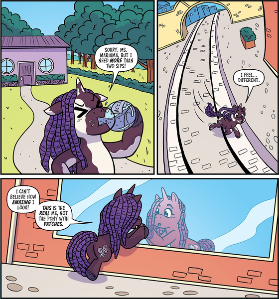 Size: 1451x1555 | Tagged: safe, artist:shauna j. grant, derpibooru import, idw, violette rainbow, pony, unicorn, g5, spoiler:comic, spoiler:g5comic, spoiler:g5comic14, bottle, drink, drinking, female, filly, foal, horn, house, image, jpeg, maretime bay, potion, solo, vitiligo