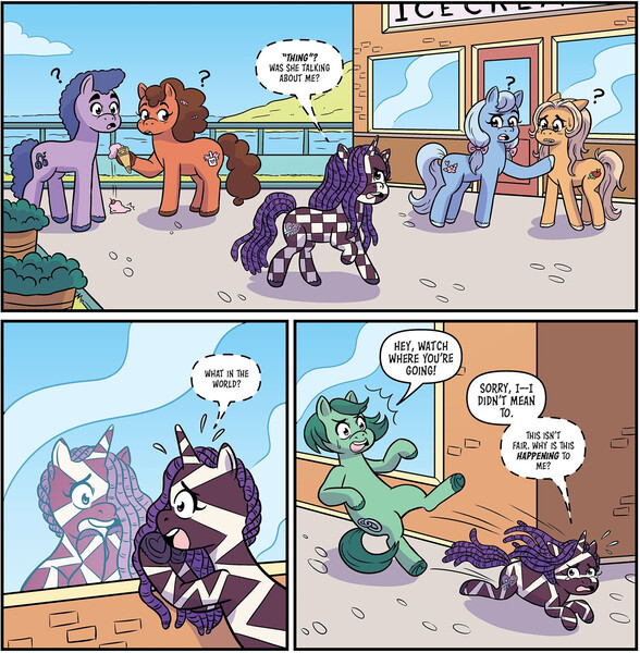 Size: 1455x1484 | Tagged: safe, artist:shauna j. grant, derpibooru import, idw, unnamed character, unnamed pony, violette rainbow, earth pony, pony, unicorn, g5, spoiler:comic, spoiler:g5comic, spoiler:g5comic14, checkered, female, filly, foal, food, horn, ice cream, image, jpeg, male, mare, maretime bay, question mark, shocked, stallion, sweat, sweatdrop, vitiligo, zigzag