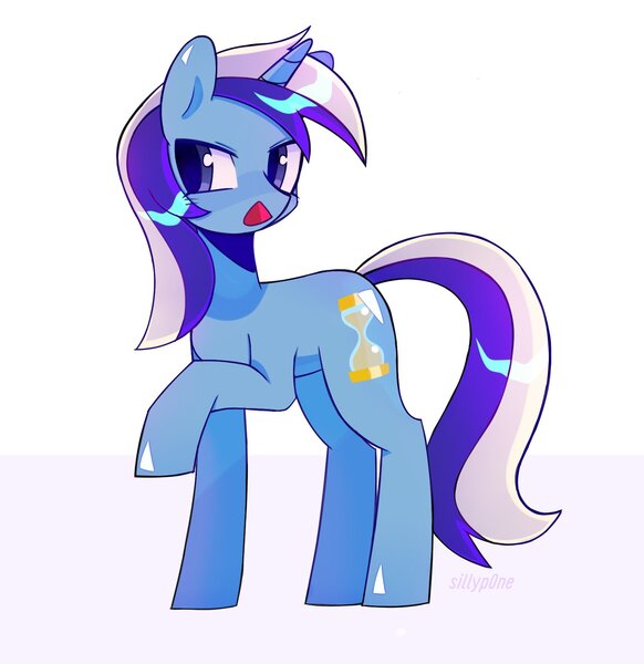 Size: 1642x1693 | Tagged: safe, artist:sillyp0ne, derpibooru import, minuette, pony, unicorn, g4, blue coat, blue pupils, colored pupils, female, horn, image, jpeg, looking away, looking offscreen, mare, open mouth, open smile, purple eyes, raised hoof, shiny coat, shiny ears, shiny eyes, shiny hooves, shiny mane, shiny tail, signature, smiling, solo, standing, standing on three hooves, tail, two toned background, two toned mane, two toned tail, unicorn horn