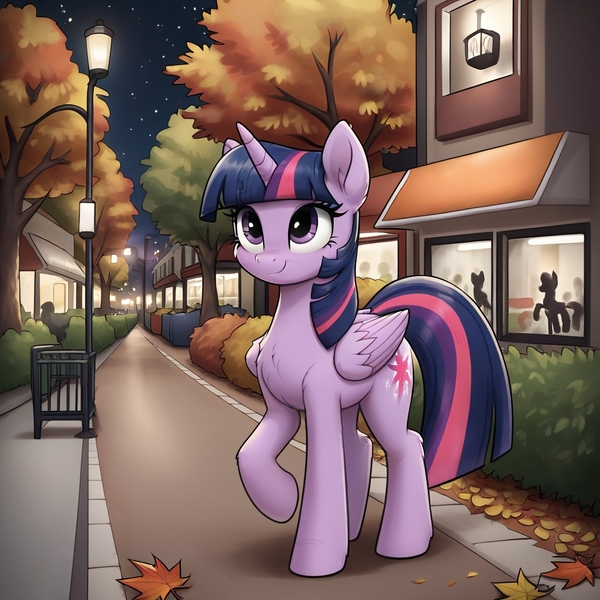 Size: 1024x1024 | Tagged: safe, ai content, derpibooru import, machine learning generated, prompter:thelight3d, stable diffusion, twilight sparkle, twilight sparkle (alicorn), alicorn, g4, autumn, generator:pony diffusion v6 xl, image, jpeg, street lamp