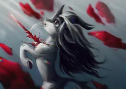 Size: 2048x1448 | Tagged: semi-grimdark, artist:jackiesenvy, derpibooru import, oc, unofficial characters only, pony, blood, bridge piercing, horns, image, jpeg, lip piercing, piercing, solo, stabbed, stabbing, unshorn fetlocks