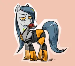 Size: 2016x1764 | Tagged: safe, artist:amarantastar, derpibooru import, oc, unofficial characters only, earth pony, pony, eyebrows, eyebrows visible through hair, female, half-life, hev suit, image, mare, mouth hold, png, snark