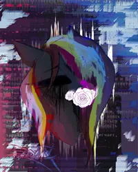 Size: 4000x5000 | Tagged: suggestive, artist:darky_wings, derpibooru import, oc, oc:darky wings, unofficial characters only, pegasus, pony, abstract background, black eye, black sclera, cyrillic, error, flower, flower in mouth, glitch, glitch art, image, mouth hold, png, sketch, teary eyes, text